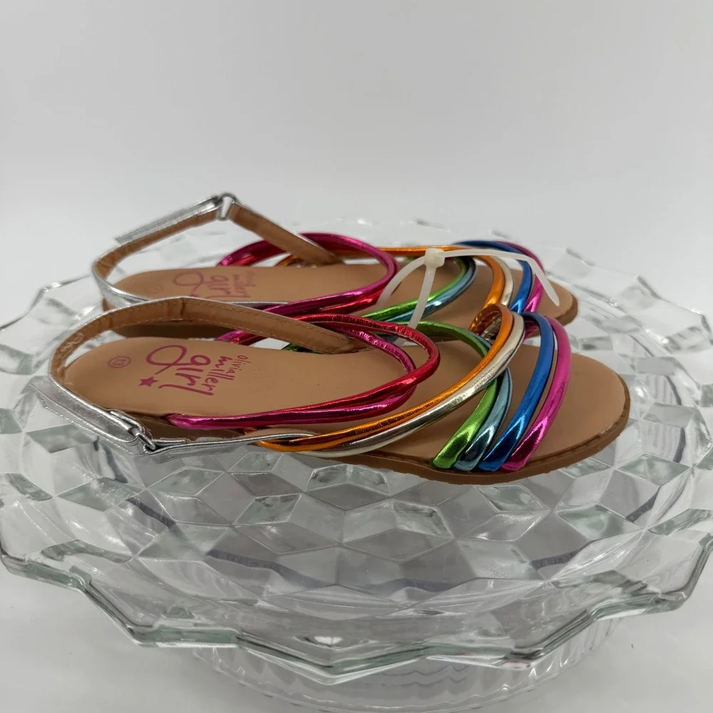 Olivia Miller Girl Rainbow Metallic Strappy Sandals Kids Size 13/1 Flat Silver